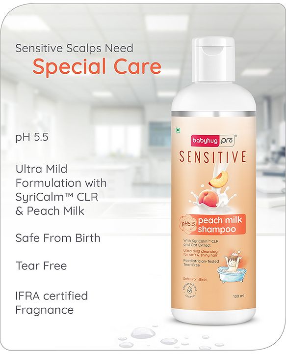 Babyhug Pro Sensitive pH 5.5 Peach Milk Shampoo - 100 ml | No Tears | Mild Cleansing | Soft & Shiny Hair | Easy Rinse Off | Safe Hypoallergenic Formula | Paediatrician & Dermatologist Tested | 0+ m