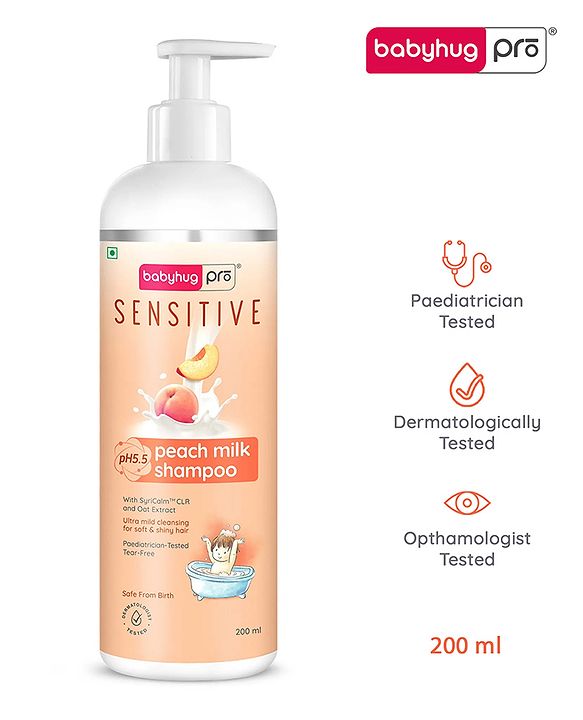Babyhug Pro Sensitive pH 5.5 Peach Milk Shampoo - 100 ml | No Tears | Mild Cleansing | Soft & Shiny Hair | Easy Rinse Off | Safe Hypoallergenic Formula | Paediatrician & Dermatologist Tested | 0+ m