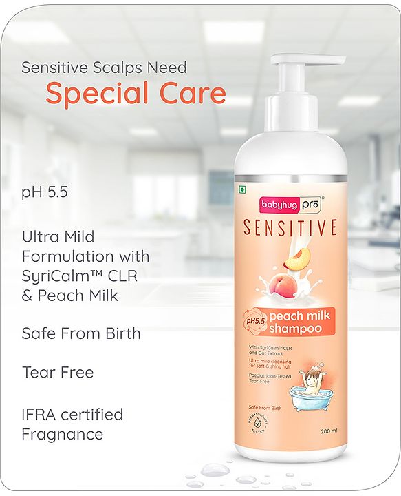 Babyhug Pro Sensitive pH 5.5 Peach Milk Shampoo - 100 ml | No Tears | Mild Cleansing | Soft & Shiny Hair | Easy Rinse Off | Safe Hypoallergenic Formula | Paediatrician & Dermatologist Tested | 0+ m