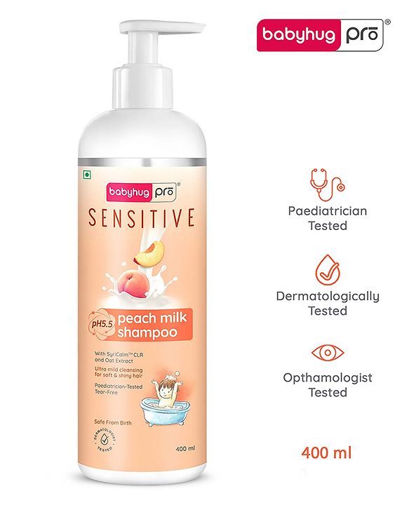 Babyhug Pro Sensitive pH 5.5 Peach Milk Shampoo - 100 ml | No Tears | Mild Cleansing | Soft & Shiny Hair | Easy Rinse Off | Safe Hypoallergenic Formula | Paediatrician & Dermatologist Tested | 0+ m