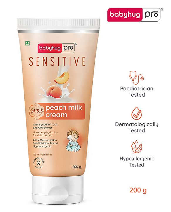 Babyhug Pro Sensitive pH 5.5 Peach Milk Cream - 200 g | 24 Hr Moisturisation | Deep Hydration | Sensitive Skin | Paediatrician & Dermatologist Tested | Safe Hypoallergenic Formula | 0+ m