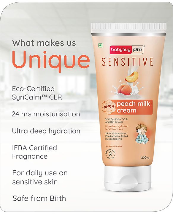 Babyhug Pro Sensitive pH 5.5 Peach Milk Cream - 200 g | 24 Hr Moisturisation | Deep Hydration | Sensitive Skin | Paediatrician & Dermatologist Tested | Safe Hypoallergenic Formula | 0+ m