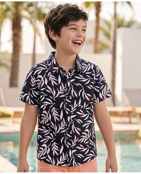 Pine Kids Viscose Woven Half Sleeves Leaves Printed Shirt - Black
