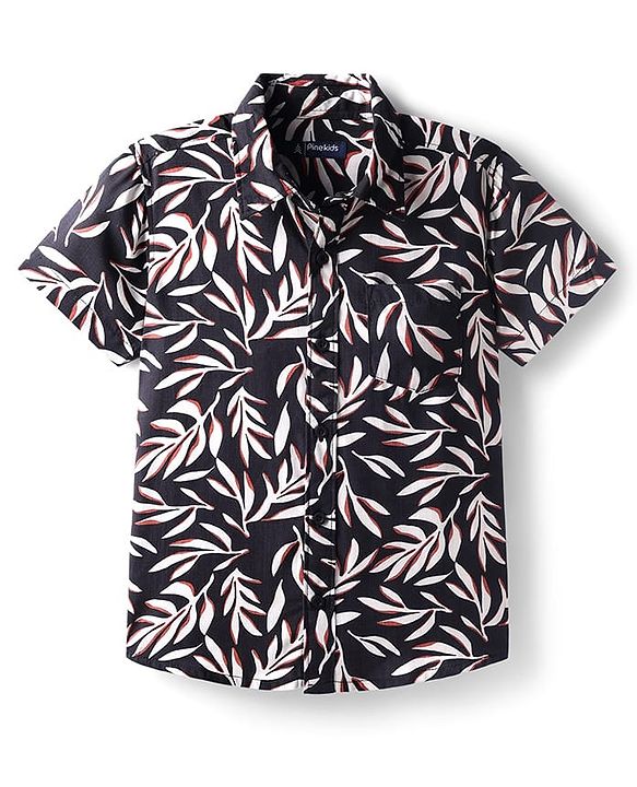 Pine Kids Viscose Woven Half Sleeves Leaves Printed Shirt - Black