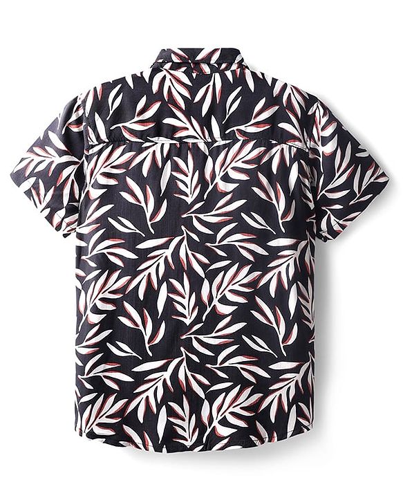 Pine Kids Viscose Woven Half Sleeves Leaves Printed Shirt - Black
