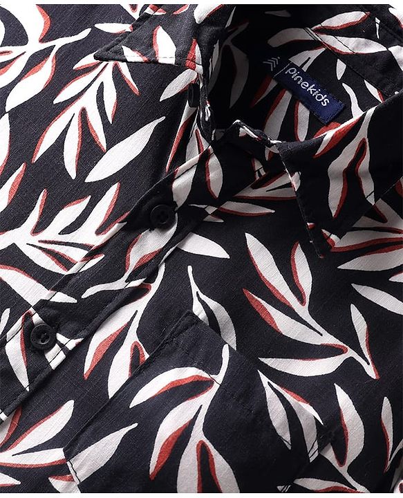 Pine Kids Viscose Woven Half Sleeves Leaves Printed Shirt - Black