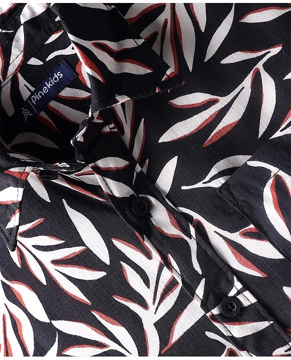 Pine Kids Viscose Woven Half Sleeves Leaves Printed Shirt - Black