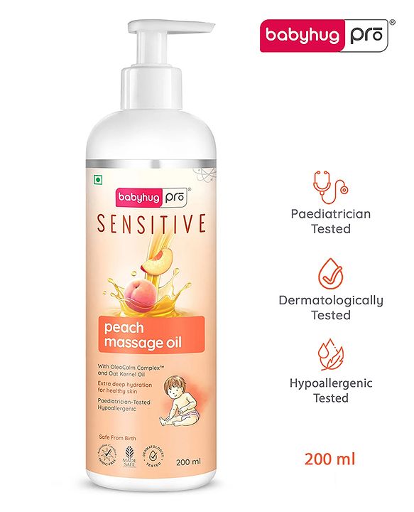 Babyhug Pro Sensitive Peach Massage Oil with Coconut - 200 ml | Deep Nourishment | Sensitive Skin | Paediatrician & Dermatologist Tested | Safe Hypoallergenic Formula | 0+ m