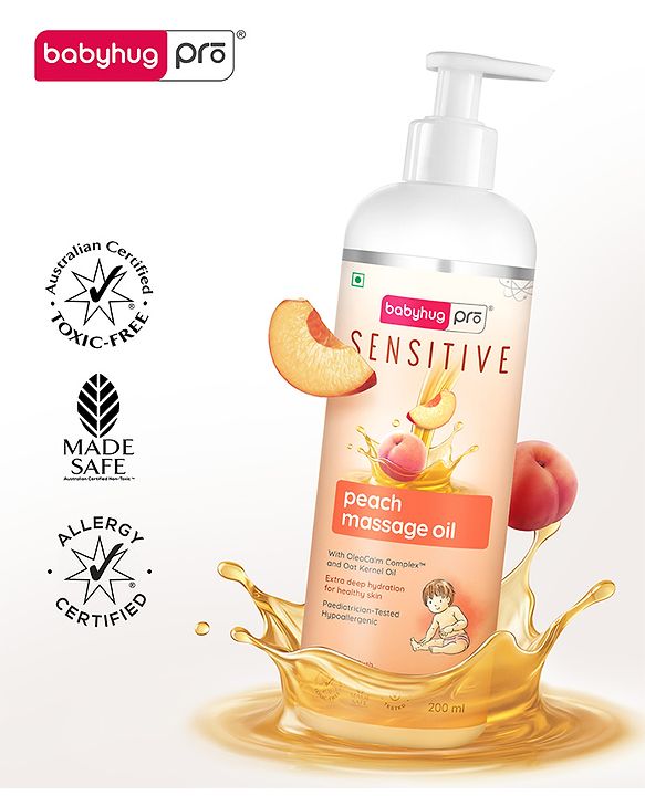 Babyhug Pro Sensitive Peach Massage Oil with Coconut - 200 ml | Deep Nourishment | Sensitive Skin | Paediatrician & Dermatologist Tested | Safe Hypoallergenic Formula | 0+ m