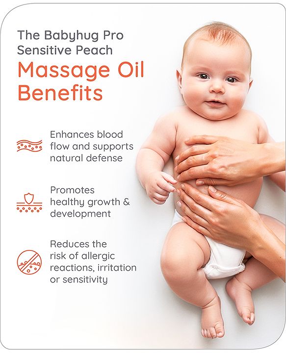 Babyhug Pro Sensitive Peach Massage Oil with Coconut - 200 ml | Deep Nourishment | Sensitive Skin | Paediatrician & Dermatologist Tested | Safe Hypoallergenic Formula | 0+ m