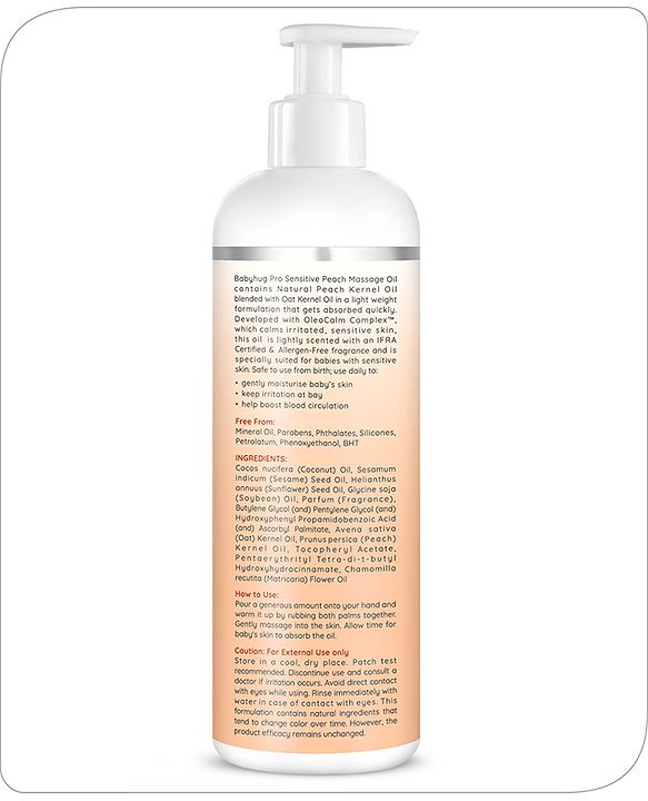 Babyhug Pro Sensitive Peach Massage Oil with Coconut - 200 ml | Deep Nourishment | Sensitive Skin | Paediatrician & Dermatologist Tested | Safe Hypoallergenic Formula | 0+ m
