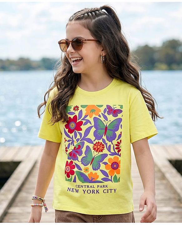 Pine Kids Cotton Knit Half Sleeves T-Shirt with Floral Print - Yellow