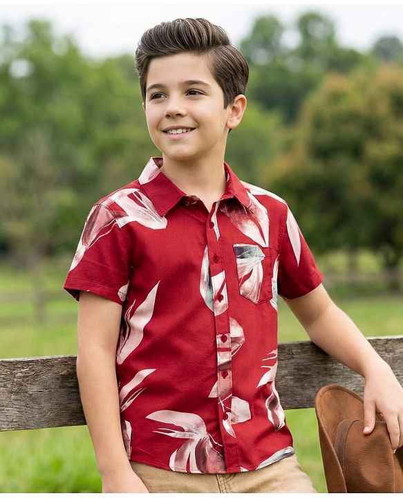 Pine Kids Viscose Woven Half Sleeves Shirt With Abstract Print - Red