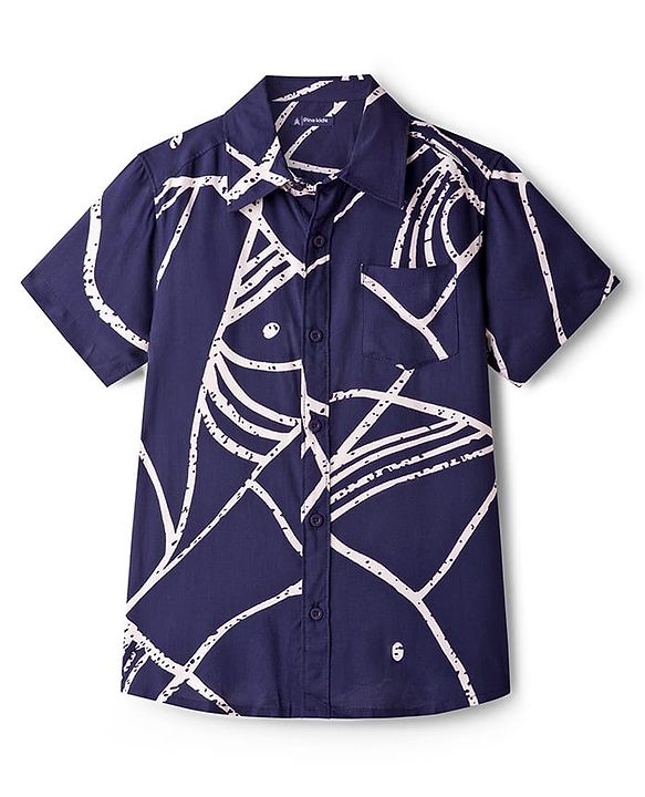 Pine Kids Viscose Woven Half Sleeves Shirt With Abstract Print - Navy Blue