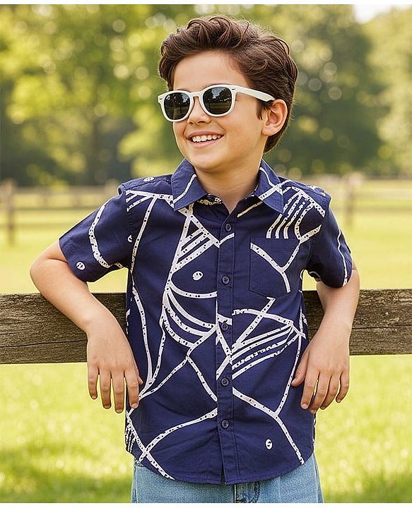 Pine Kids Viscose Woven Half Sleeves Shirt With Abstract Print - Navy Blue