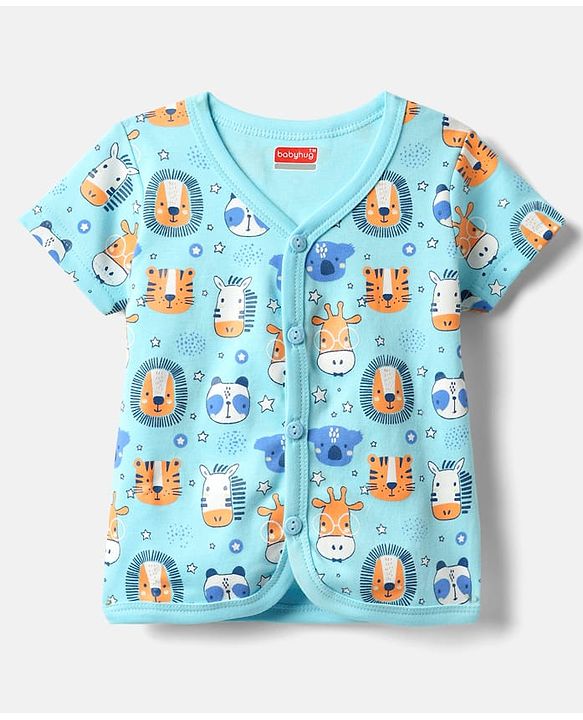 Babyhug 100% Cotton Half Sleeves Front Open Jhablas With Stripes & Animals Print Pack Of 3 - Navy Blue White & Light Blue.