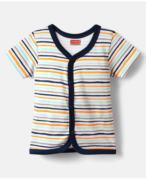 Babyhug 100% Cotton Half Sleeves Front Open Jhablas With Stripes & Animals Print Pack Of 3 - Navy Blue White & Light Blue.