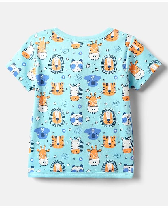 Babyhug 100% Cotton Half Sleeves Front Open Jhablas With Stripes & Animals Print Pack Of 3 - Navy Blue White & Light Blue.