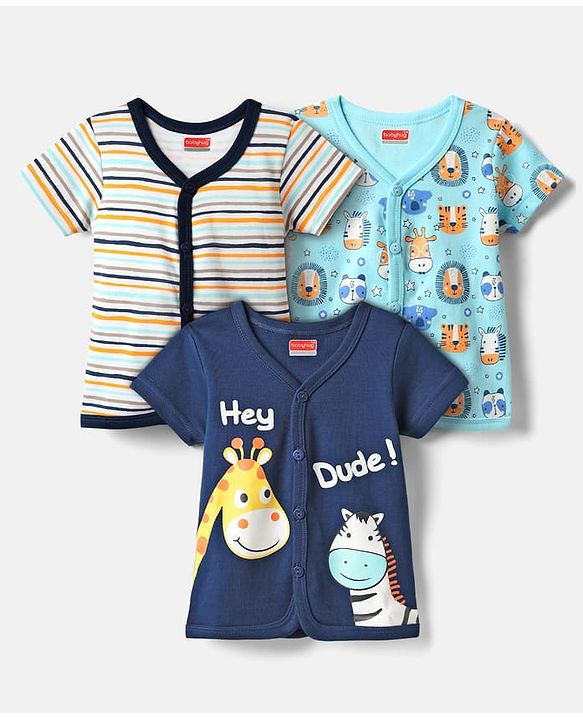 Babyhug 100% Cotton Half Sleeves Front Open Jhablas With Stripes & Animals Print Pack Of 3 - Navy Blue White & Light Blue.