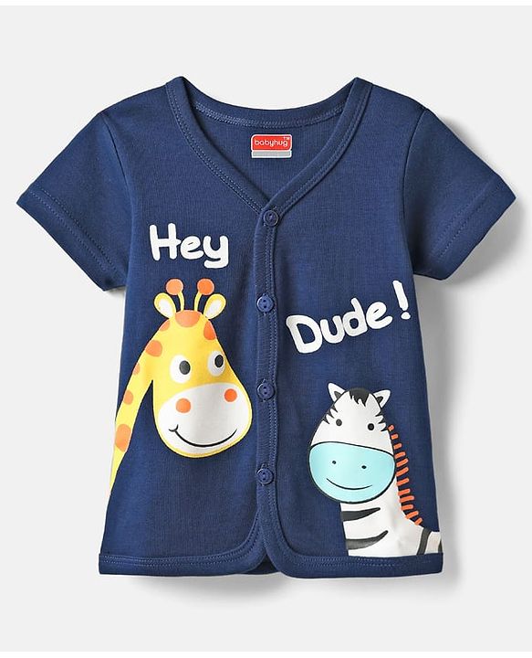 Babyhug 100% Cotton Half Sleeves Front Open Jhablas With Stripes & Animals Print Pack Of 3 - Navy Blue White & Light Blue.