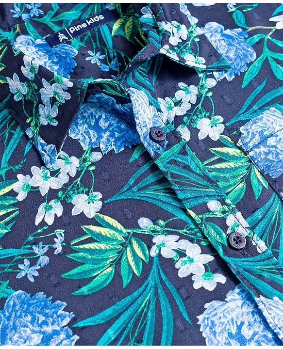Pine Kids Viscose Woven Half Sleeves Shirt With Floral Print - Blue
