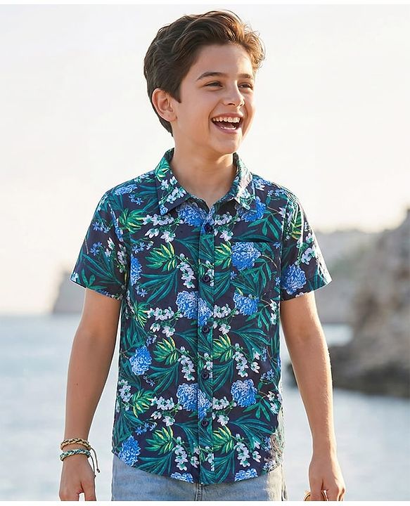 Pine Kids Viscose Woven Half Sleeves Shirt With Floral Print - Blue