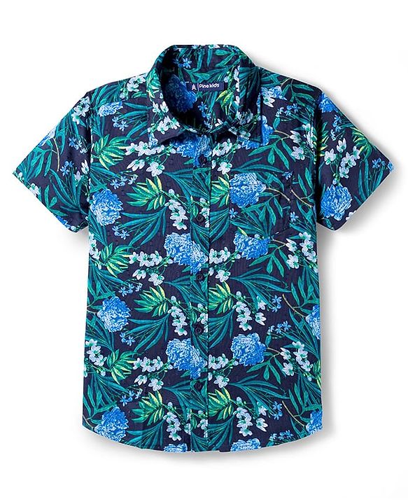 Pine Kids Viscose Woven Half Sleeves Shirt With Floral Print - Blue