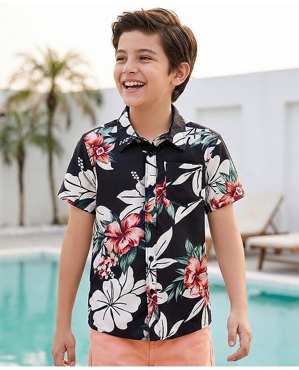 Pine Kids Viscose Woven Half Sleeves Shirt With Floral Print - Black