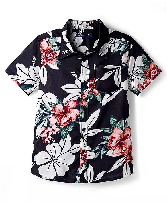 Pine Kids Viscose Woven Half Sleeves Shirt With Floral Print - Black