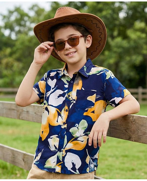 Pine Kids Viscose Woven Half Sleeves Shirt With Floral Print - Navy Blue