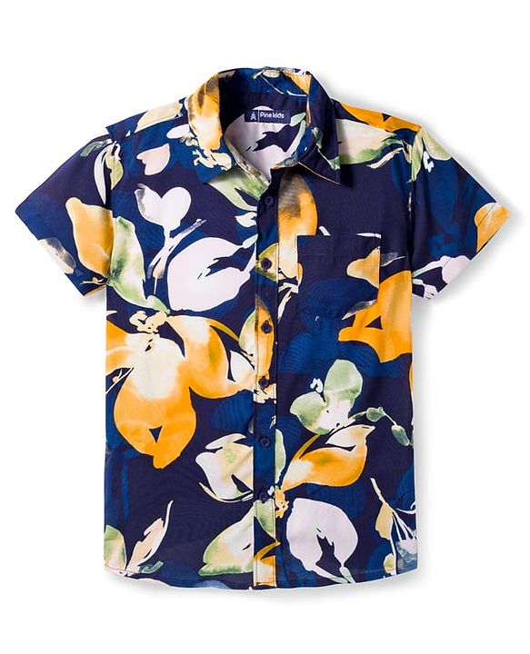 Pine Kids Viscose Woven Half Sleeves Shirt With Floral Print - Navy Blue