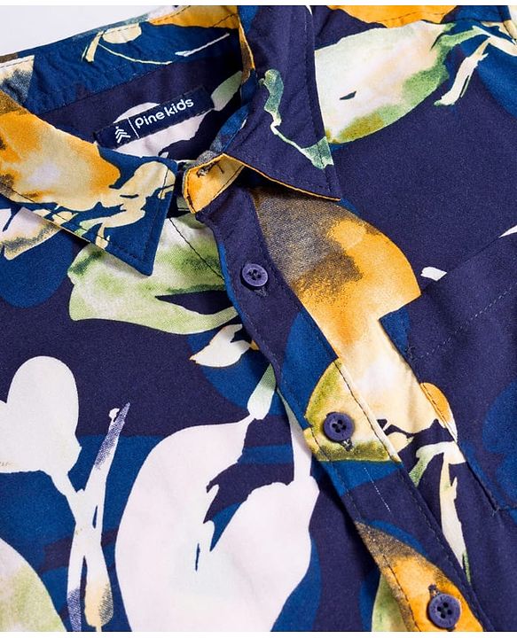 Pine Kids Viscose Woven Half Sleeves Shirt With Floral Print - Navy Blue