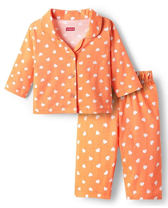 Babyhug Cotton Knit Full Sleeves Co-ords Night Suit with Polka Dots Print - Orange