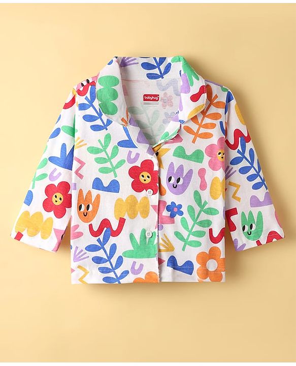 Babyhug Cotton Knit Full Sleeves Front Open Co-Ord Night Suit With Floral Print - Multi Colour