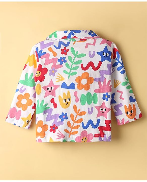 Babyhug Cotton Knit Full Sleeves Front Open Co-Ord Night Suit With Floral Print - Multi Colour