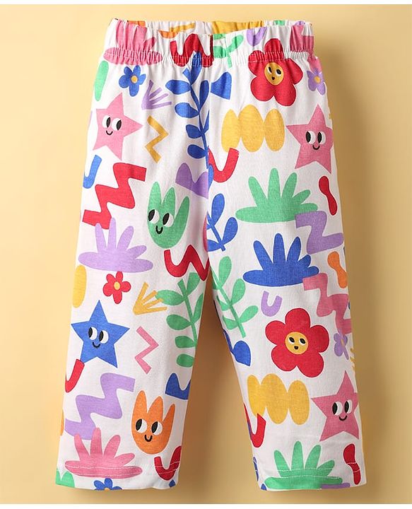 Babyhug Cotton Knit Full Sleeves Front Open Co-Ord Night Suit With Floral Print - Multi Colour