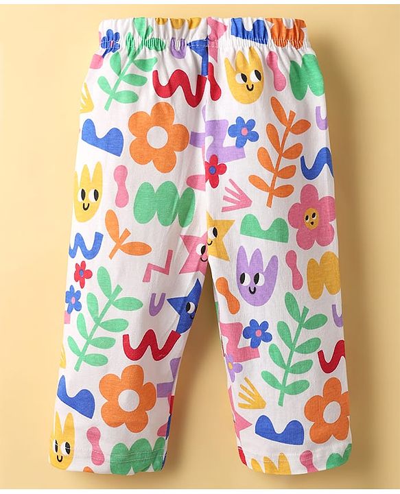 Babyhug Cotton Knit Full Sleeves Front Open Co-Ord Night Suit With Floral Print - Multi Colour