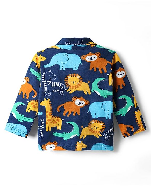 Babyhug Cotton Knit Full Sleeves Co-ords Night Suit With Animal Print - Navy Blue