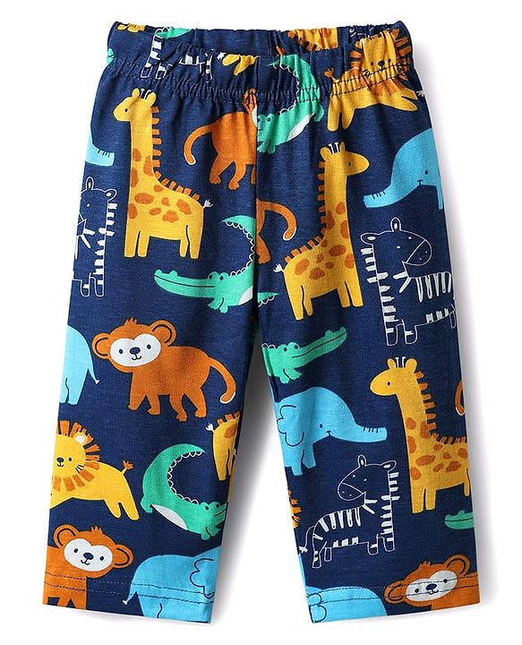 Babyhug Cotton Knit Full Sleeves Co-ords Night Suit With Animal Print - Navy Blue