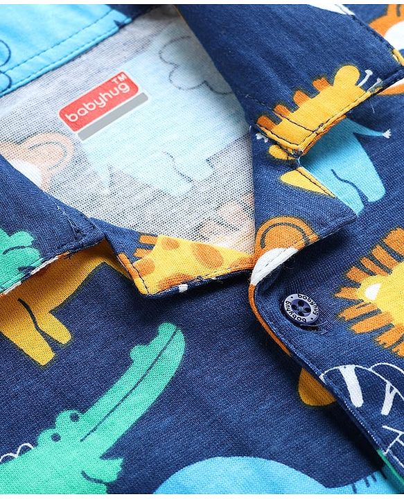 Babyhug Cotton Knit Full Sleeves Co-ords Night Suit With Animal Print - Navy Blue