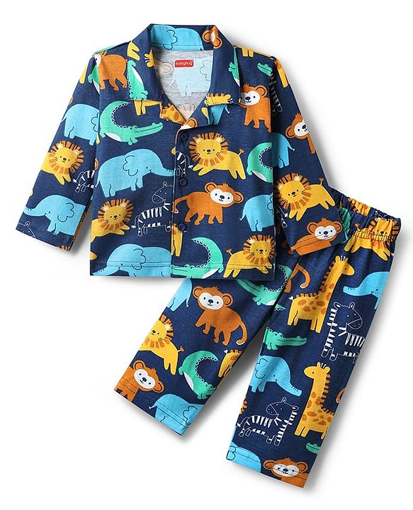 Babyhug Cotton Knit Full Sleeves Co-ords Night Suit With Animal Print - Navy Blue