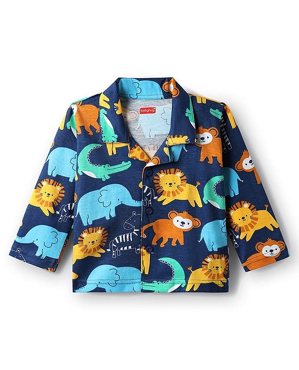 Babyhug Cotton Knit Full Sleeves Co-ords Night Suit With Animal Print - Navy Blue
