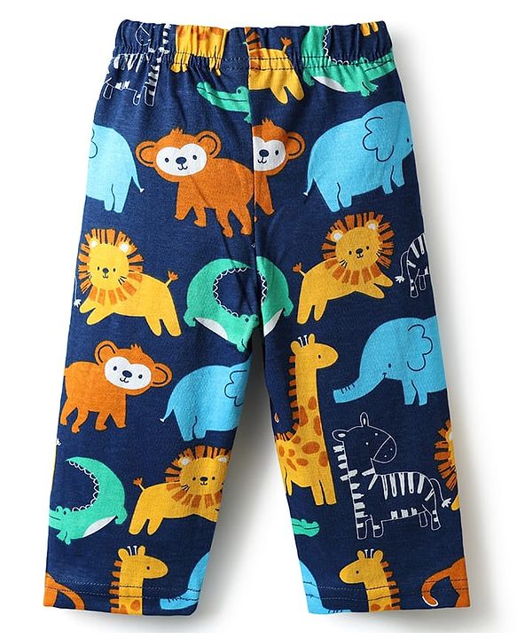 Babyhug Cotton Knit Full Sleeves Co-ords Night Suit With Animal Print - Navy Blue