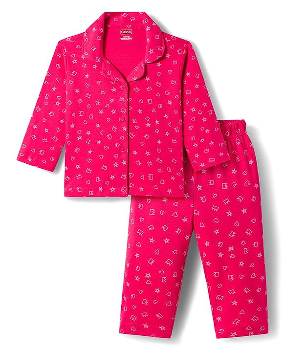 Babyhug Cotton Knit Full Sleeves Co-ords Night Suit With Floral Print - Pink