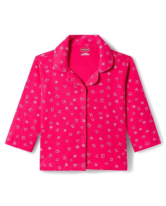 Babyhug Cotton Knit Full Sleeves Co-ords Night Suit With Floral Print - Pink