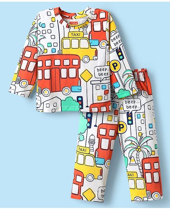 Babyhug Cotton Knit Full Sleeves Co-ords Night Suit with Traffic Print - White