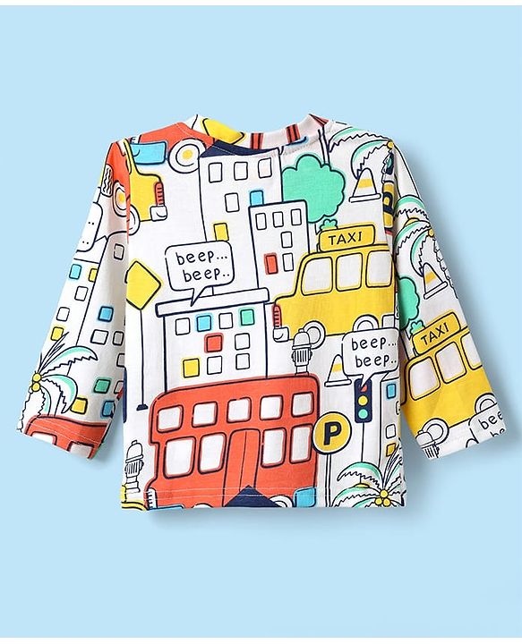 Babyhug Cotton Knit Full Sleeves Co-ords Night Suit with Traffic Print - White