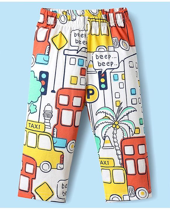 Babyhug Cotton Knit Full Sleeves Co-ords Night Suit with Traffic Print - White