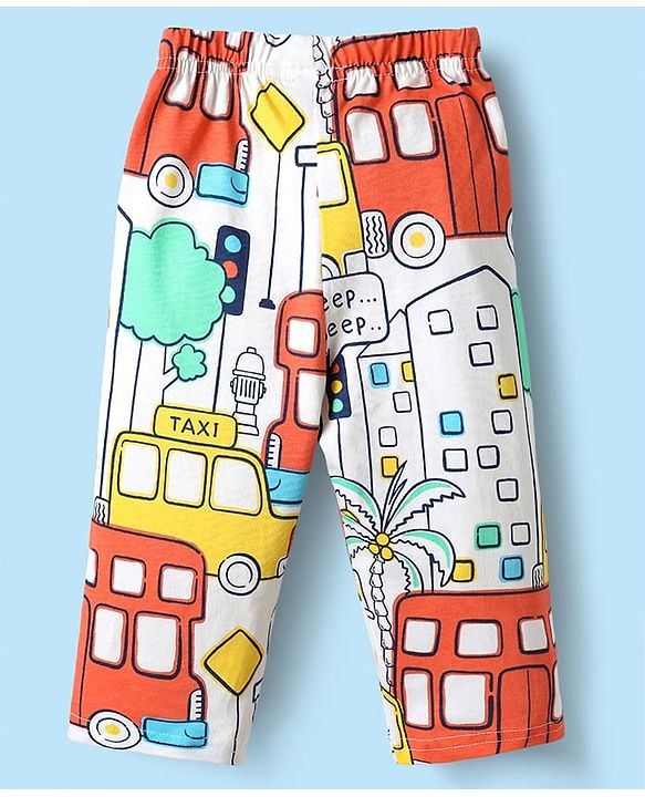 Babyhug Cotton Knit Full Sleeves Co-ords Night Suit with Traffic Print - White