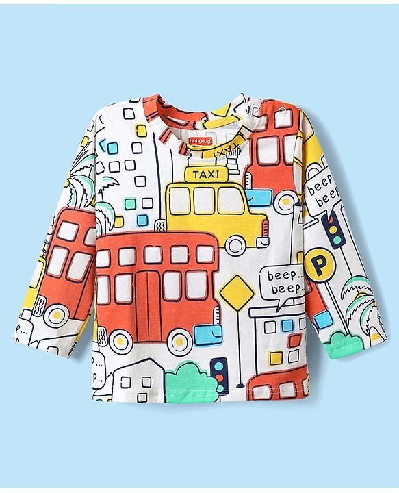 Babyhug Cotton Knit Full Sleeves Co-ords Night Suit with Traffic Print - White